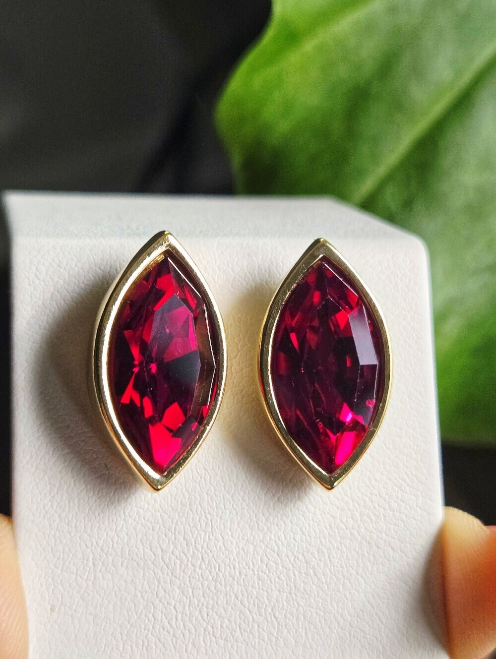Swarovski SAL Vintage Marquise Deep Ruby Crystal Gold-Trim Stud Earrings